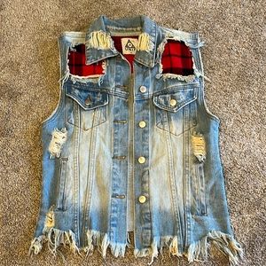 Distressed Denim vest with plaid